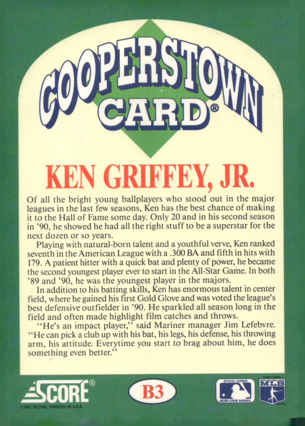 1991 Score #B3 Ken Griffey Jr. Cooperstown