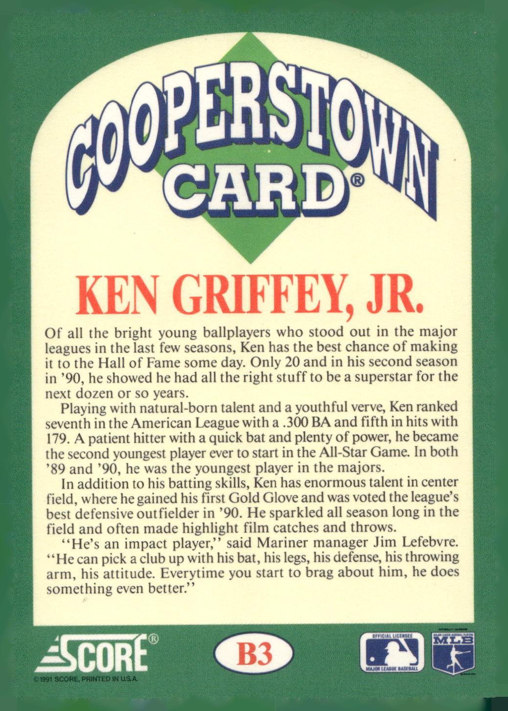 1991 Score #B3 Ken Griffey Jr. Cooperstown