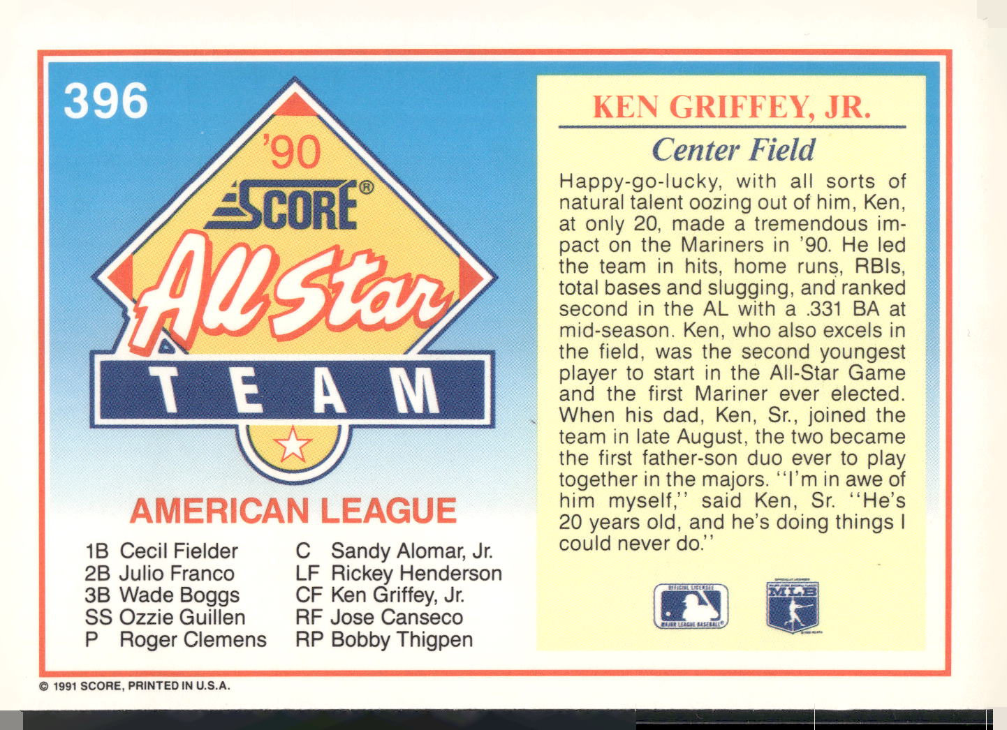 1991 Score #396 Ken Griffey, Jr.