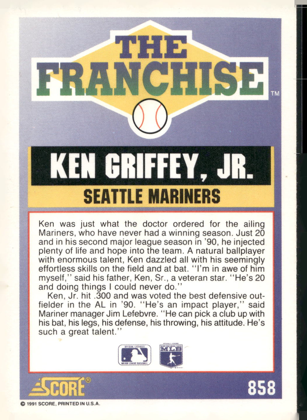 1991 Score #858 Ken Griffey, Jr.