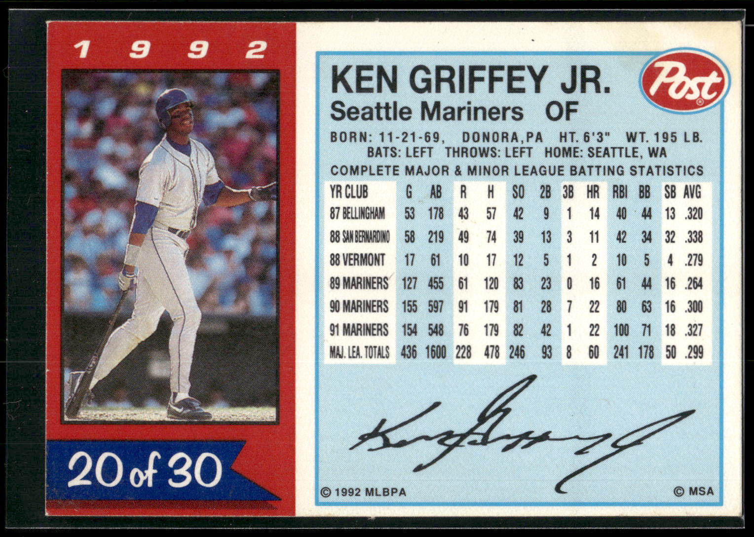 1992 Post Cereal #20 Ken Griffey Jr.