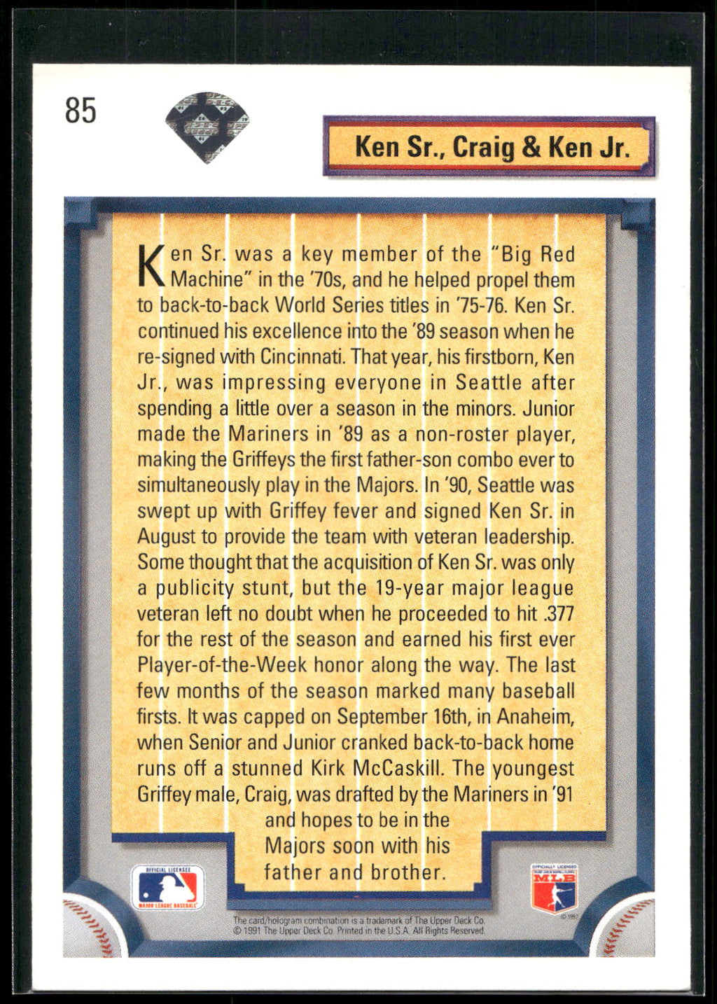 1992 Upper Deck #85 Ken Sr., Craig &amp; Ken Jr.