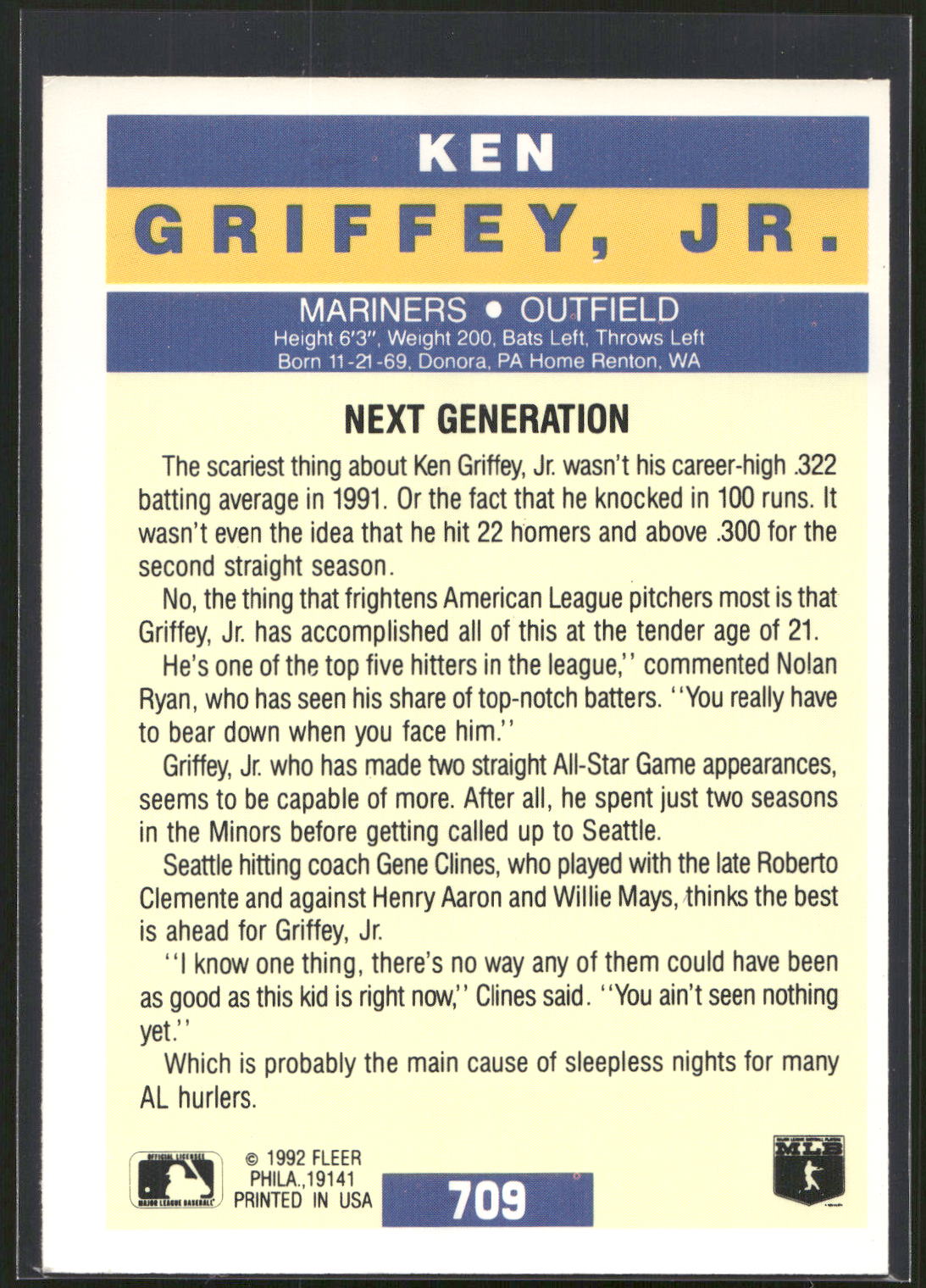 1992 Fleer #709 Ken Griffey, Jr.