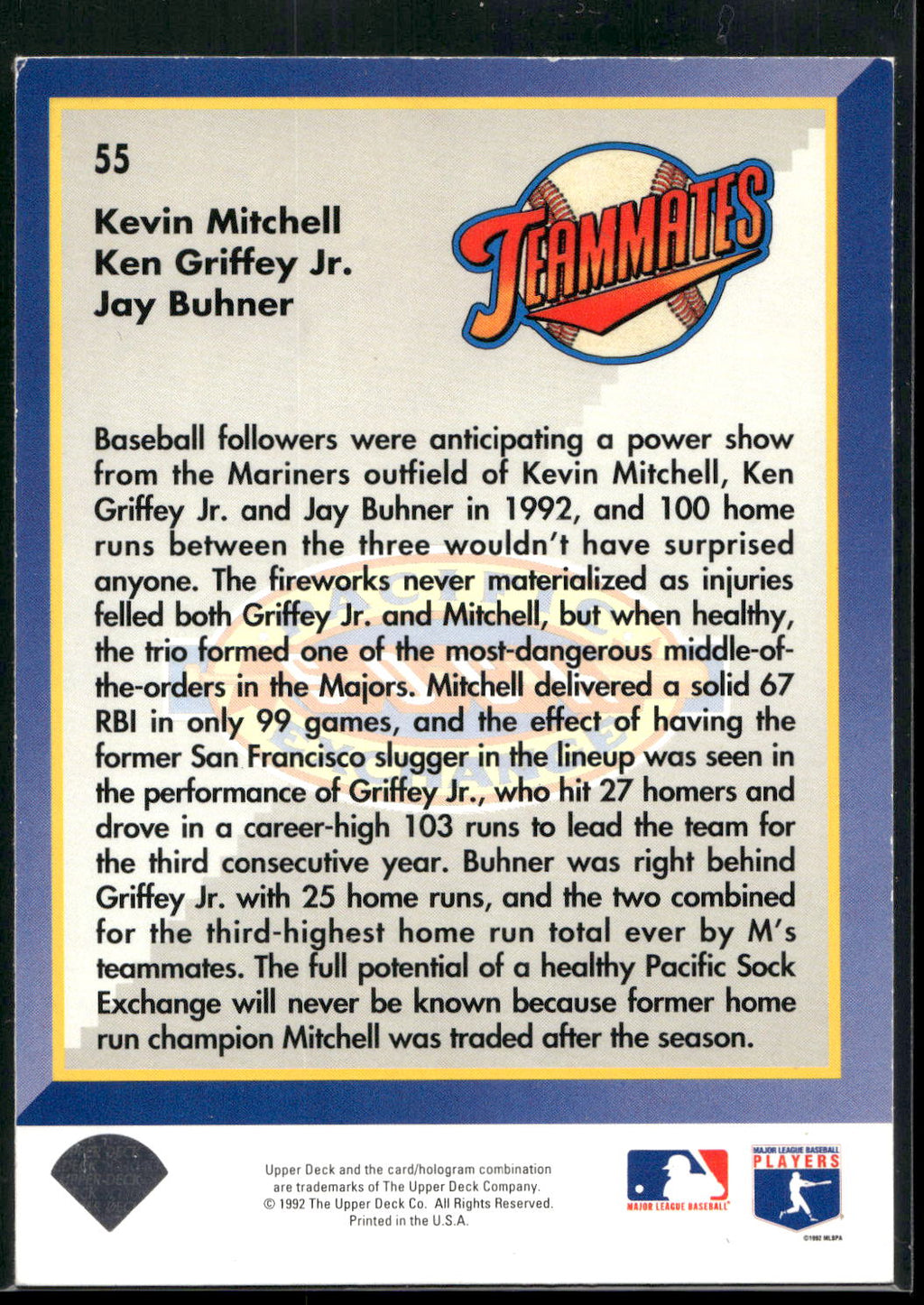 1993 Upper Deck #55 (Ken Griffey Jr. / Jay Buhner / Kevin Mitchell)