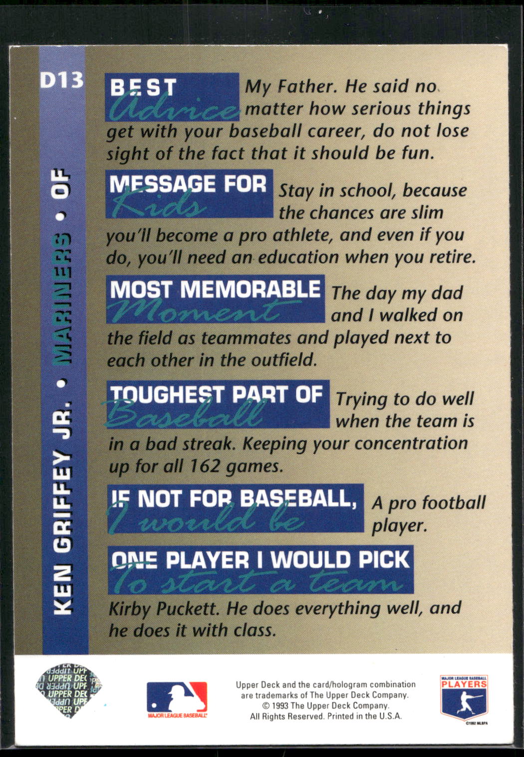 1993 Upper Deck #D13 Ken Griffey Jr. On Deck
