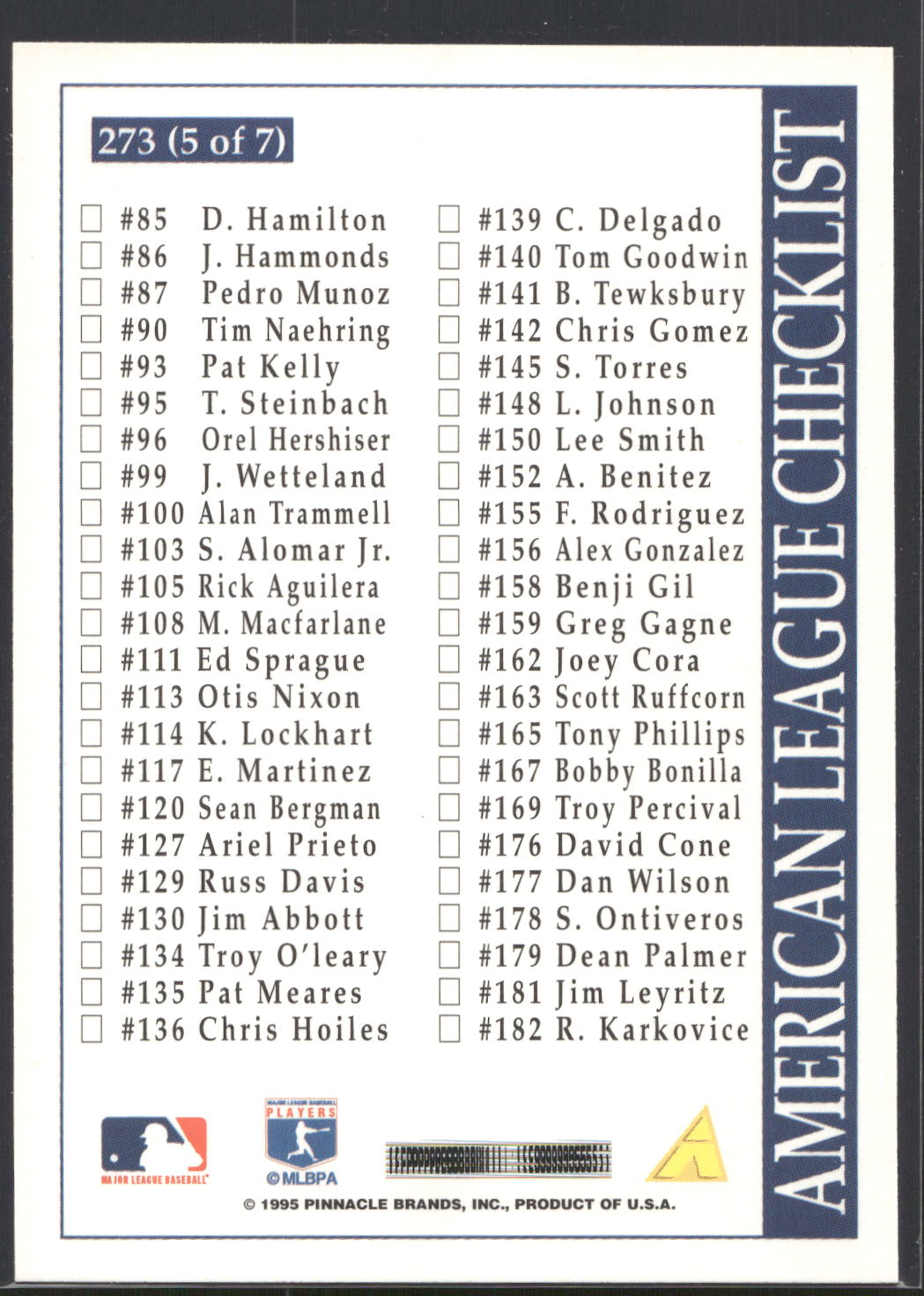 1996 Score #273 American League Checklist