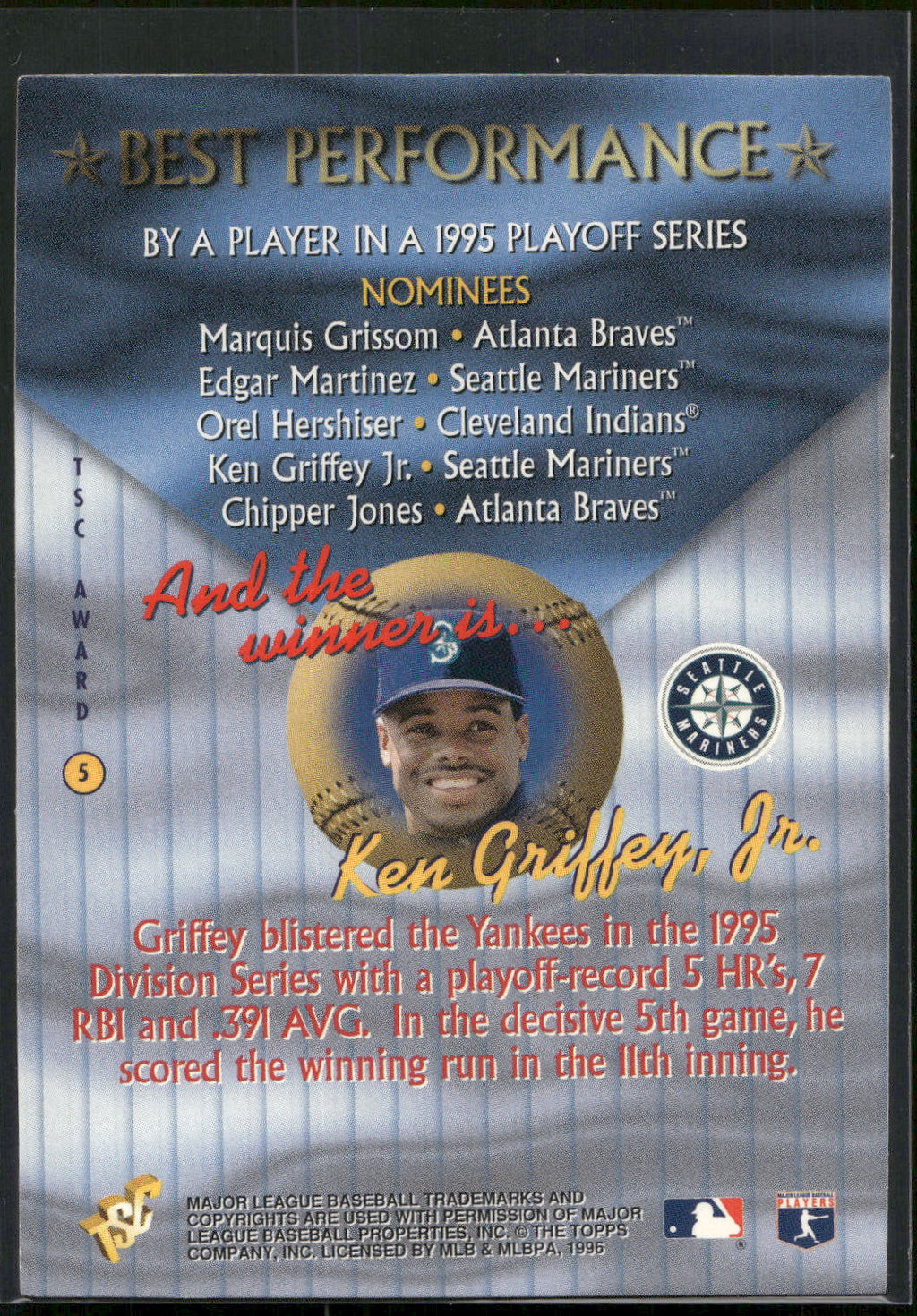 1996 Stadium Club #5 Ken Griffey, Jr. TSC Awards