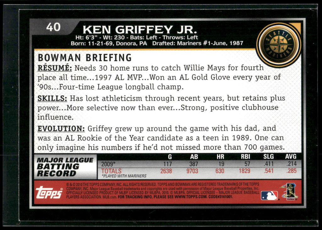 2010 Bowman #40 Ken Griffey Jr. Gold