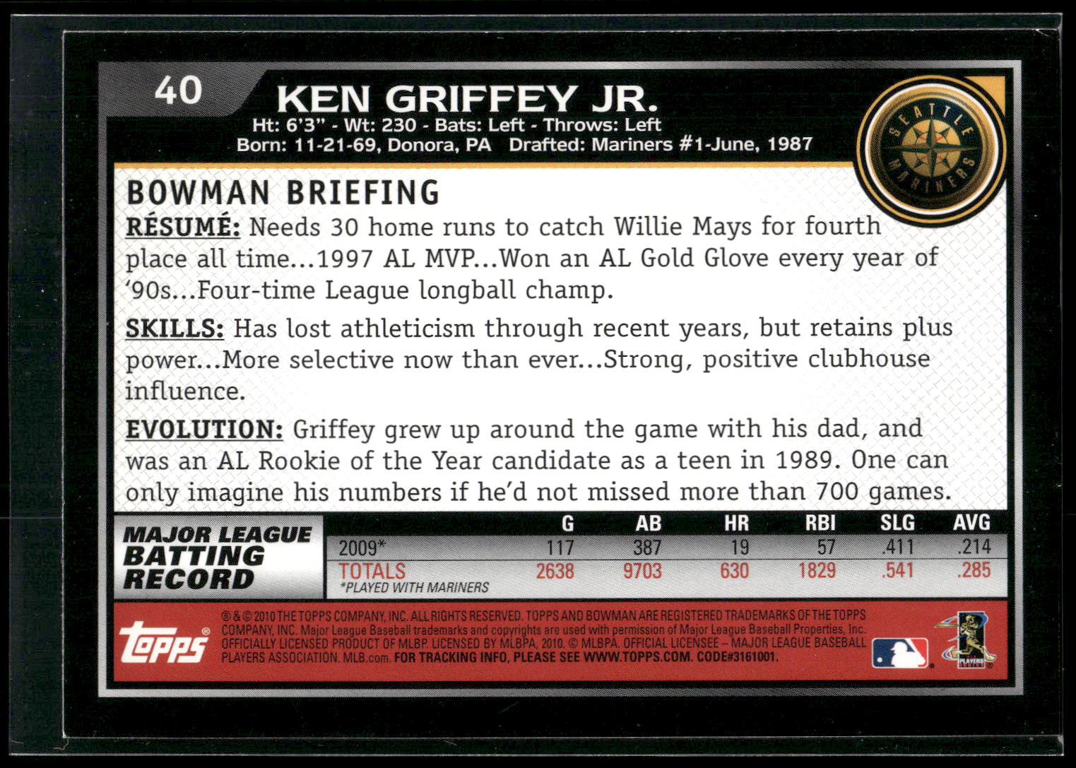 2010 Bowman #40 Ken Griffey Jr. Gold