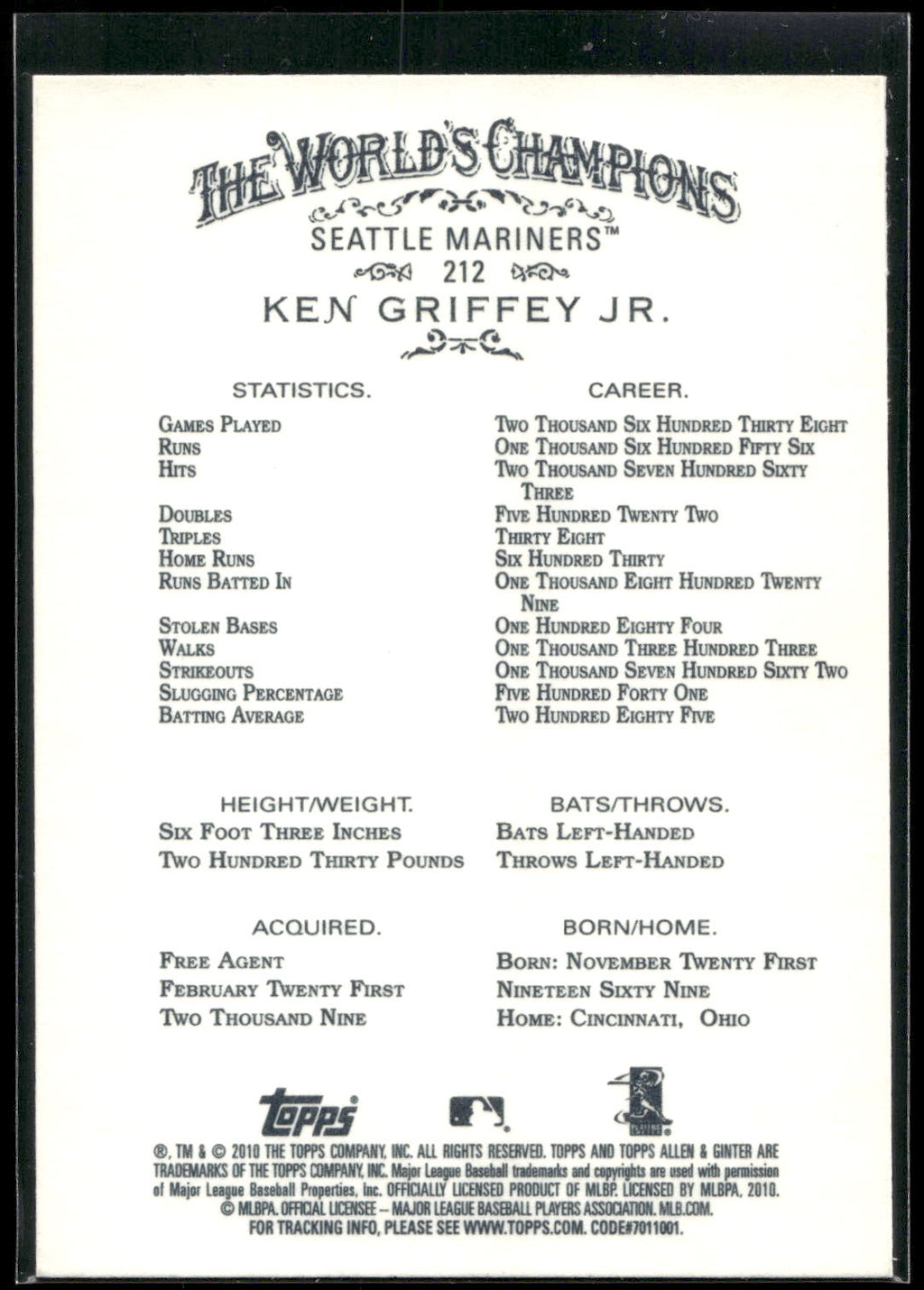 2010 Topps Allen & Ginter #212 Ken Griffey Jr.