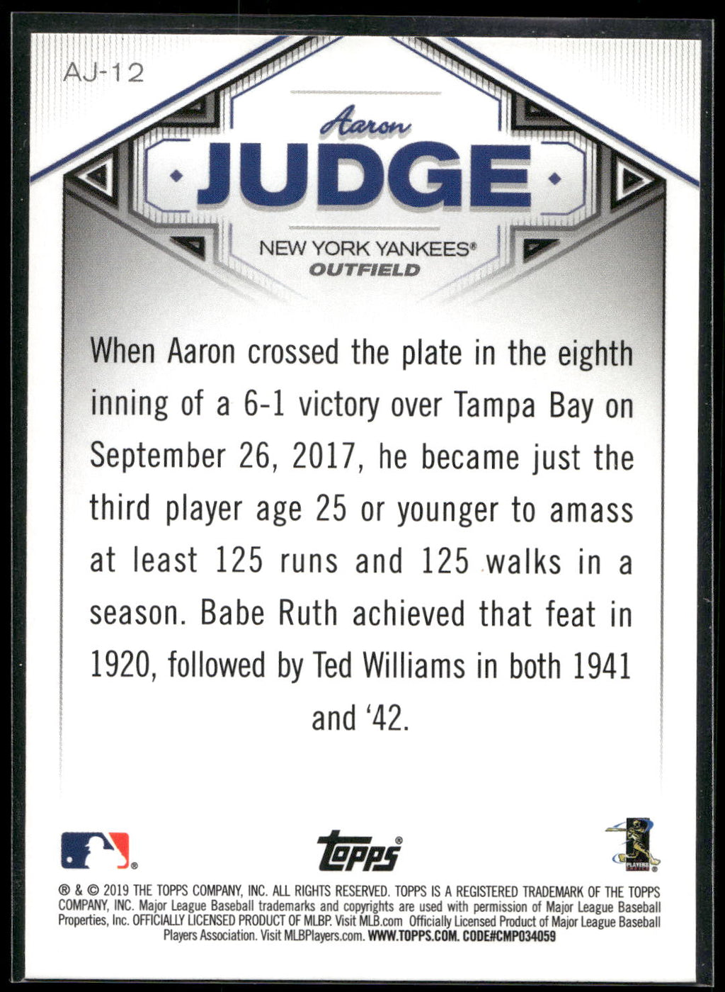 2019 Topps #AJ-12 Aaron Judge Aaron Judge Star Player Highlights