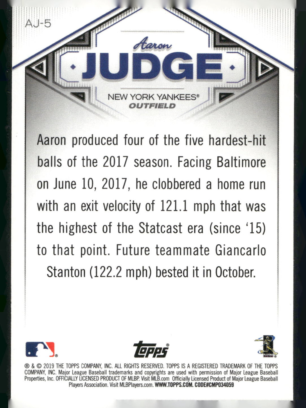 2019 Topps #AJ-5 Aaron Judge Aaron Judge Star Player Highlights