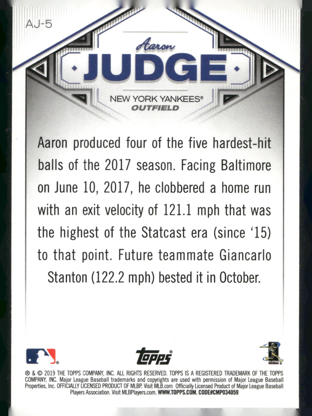 2019 Topps #AJ-5 Aaron Judge Aaron Judge Star Player Highlights
