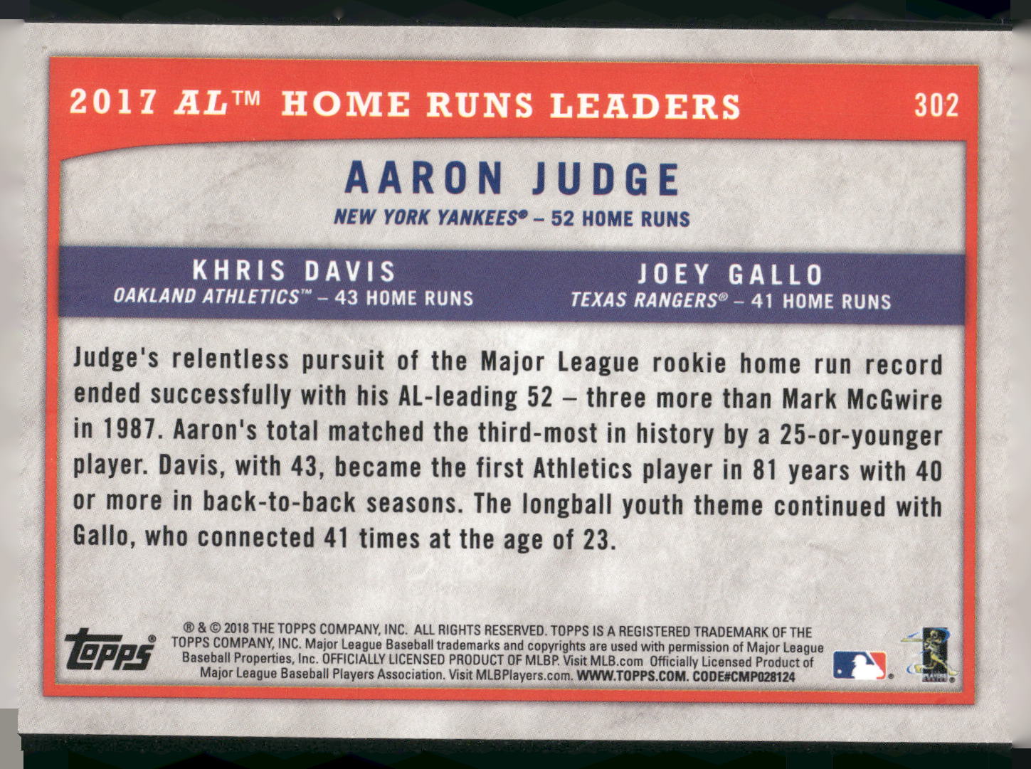 2018 Topps Big League #302 (Aaron Judge / Khris Davis / Joey Gallo)