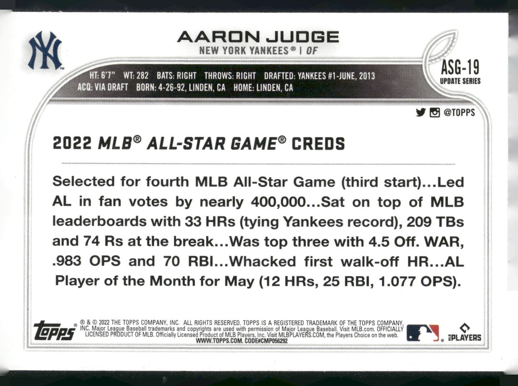 2022 Topps Update #ASG-19 Aaron Judge 2022 MLB All-Star Game