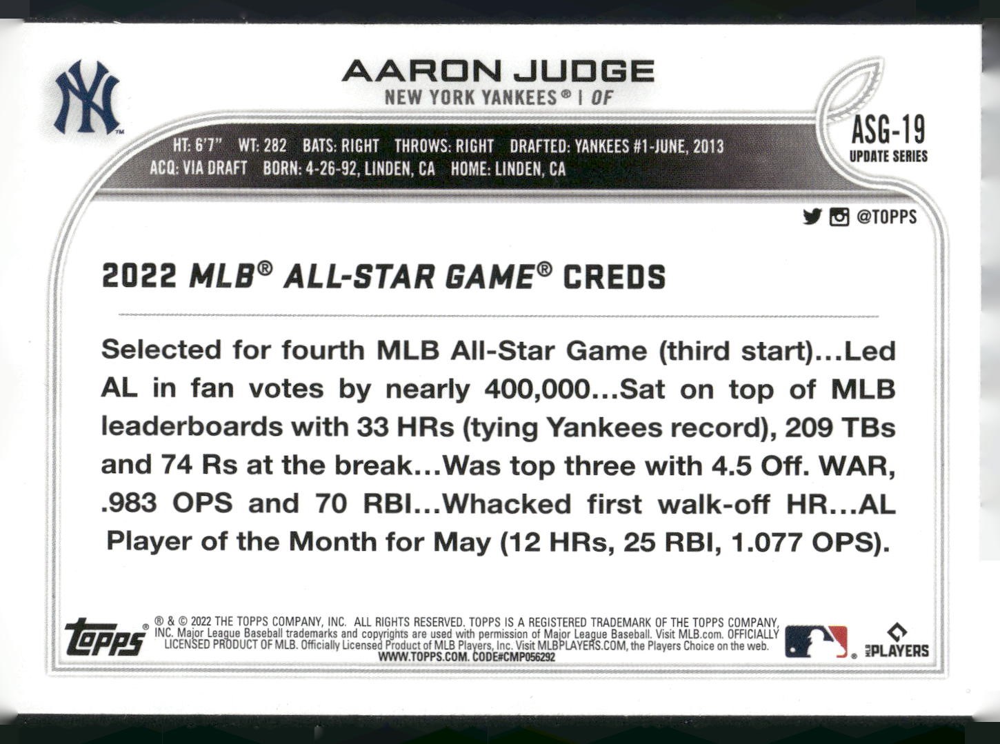 2022 Topps Update #ASG-19 Aaron Judge 2022 MLB All-Star Game
