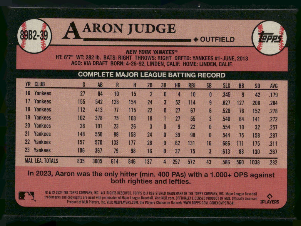 2024 Topps #89B2-39 Aaron Judge 1989 Topps Baseball 35th