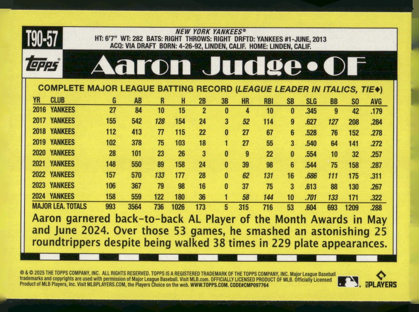 2025 Topps #T90-57 Aaron Judge 1990 Topps Baseball 35th Anniversary (Series One)