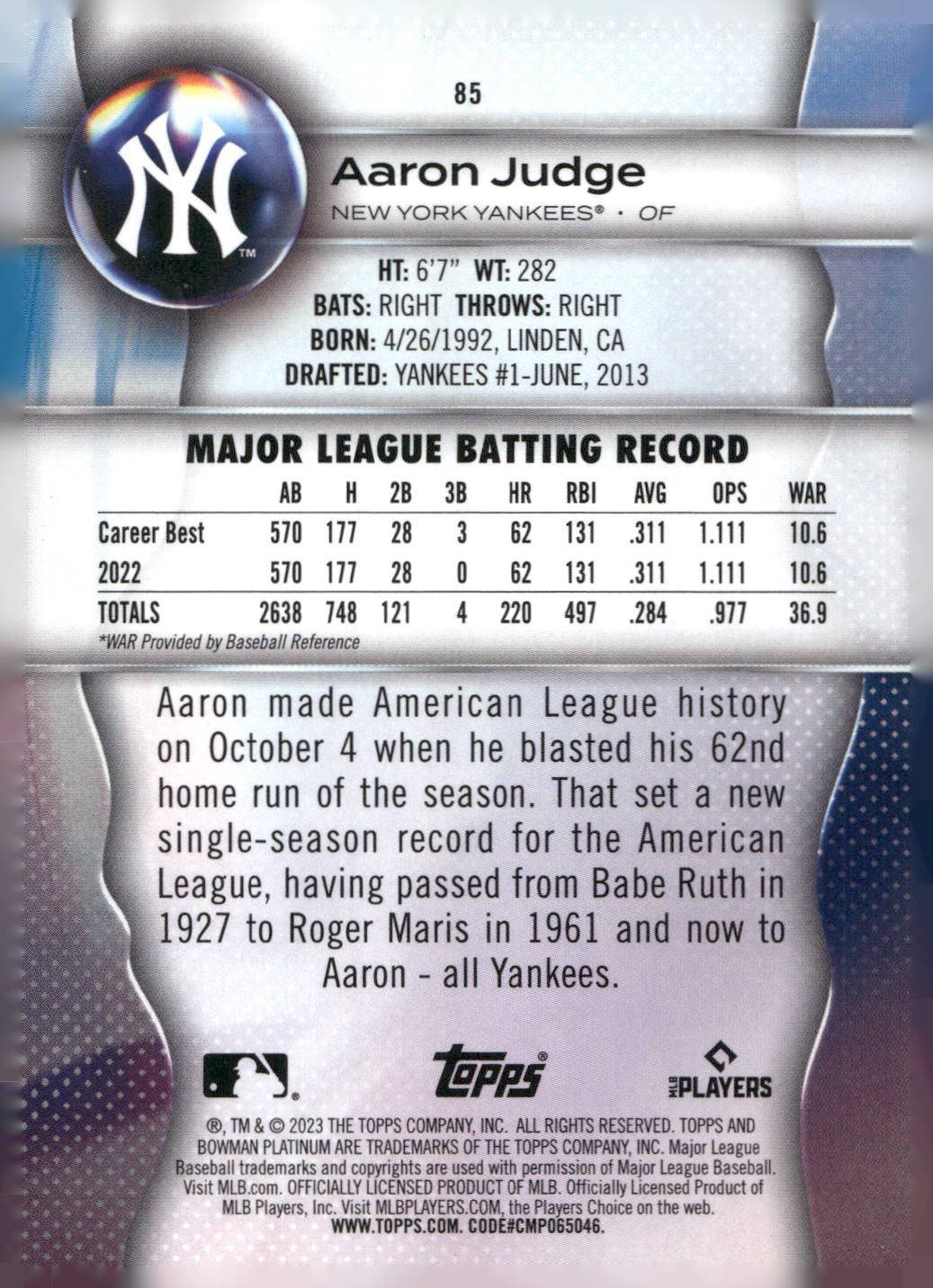 2023 Bowman Platinum #85 Aaron Judge