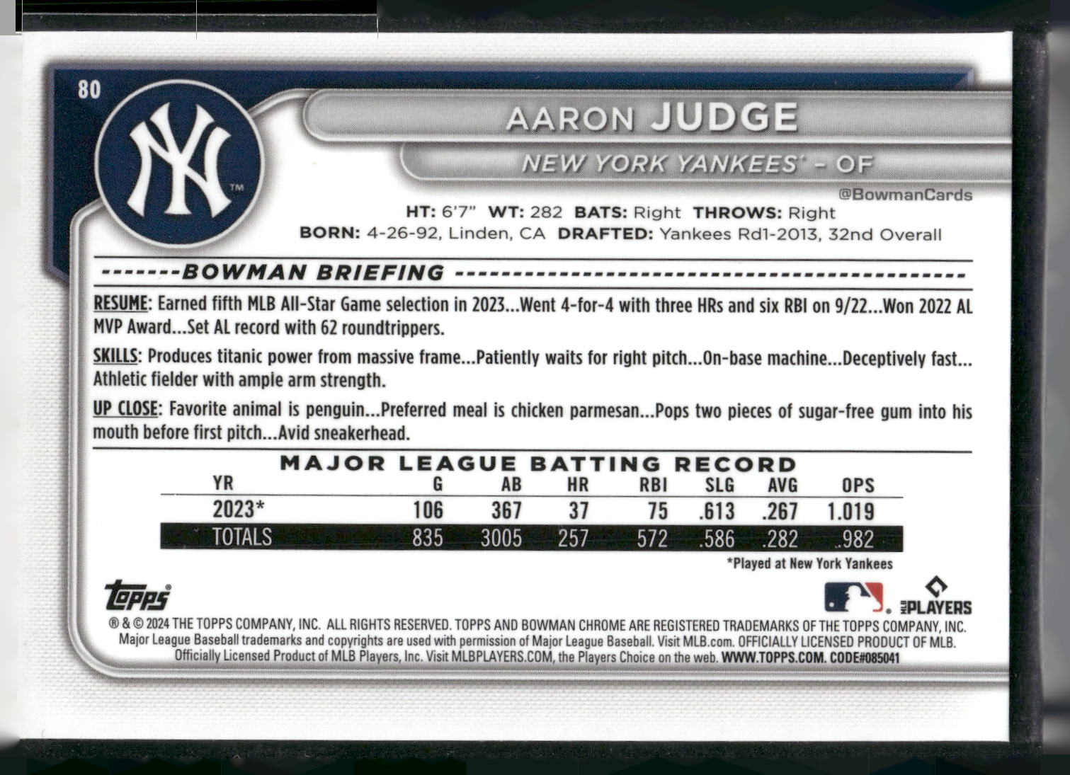 2024 Bowman Chrome #80 Aaron Judge