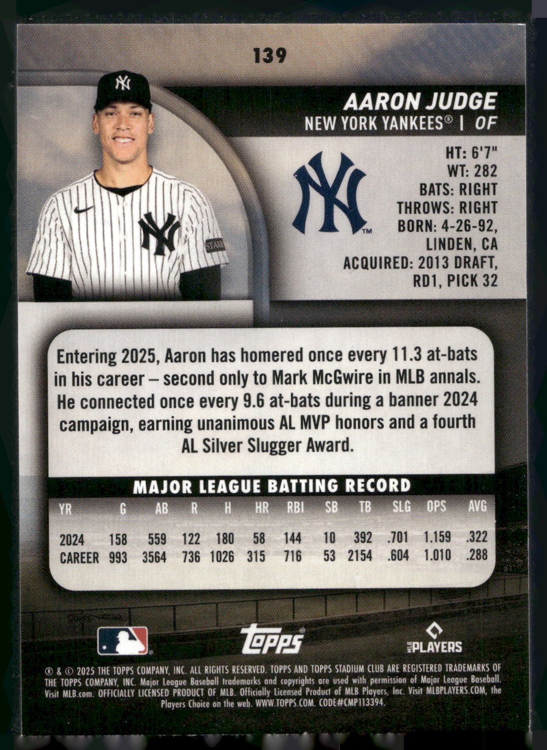 2025 Stadium Club #139 Aaron Judge