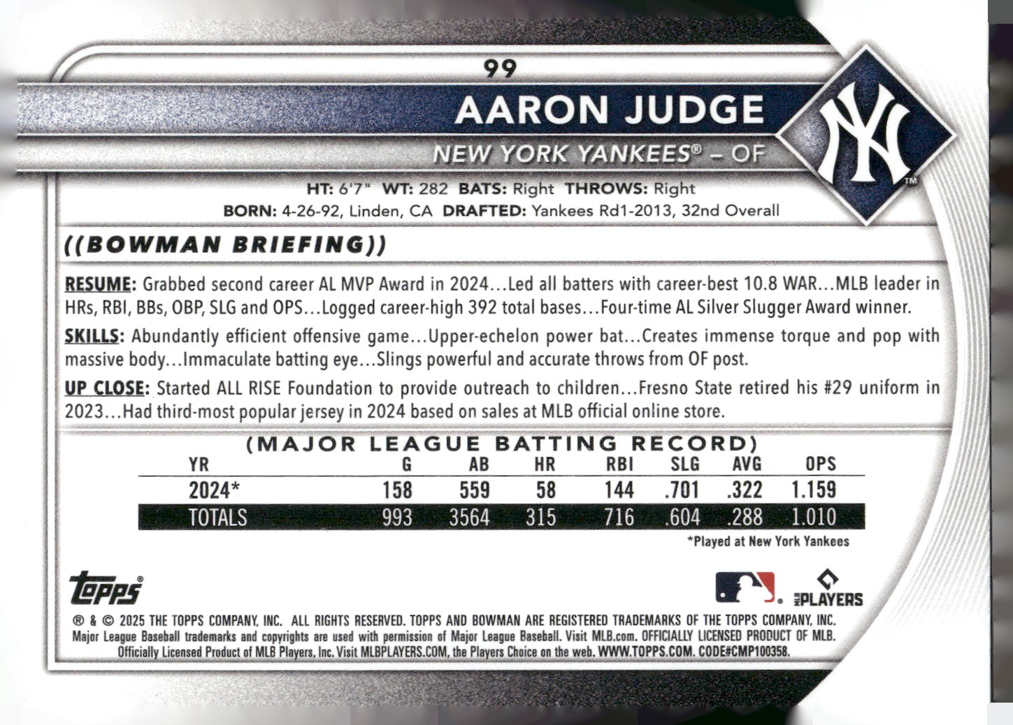 2025 Bowman #99 Aaron Judge