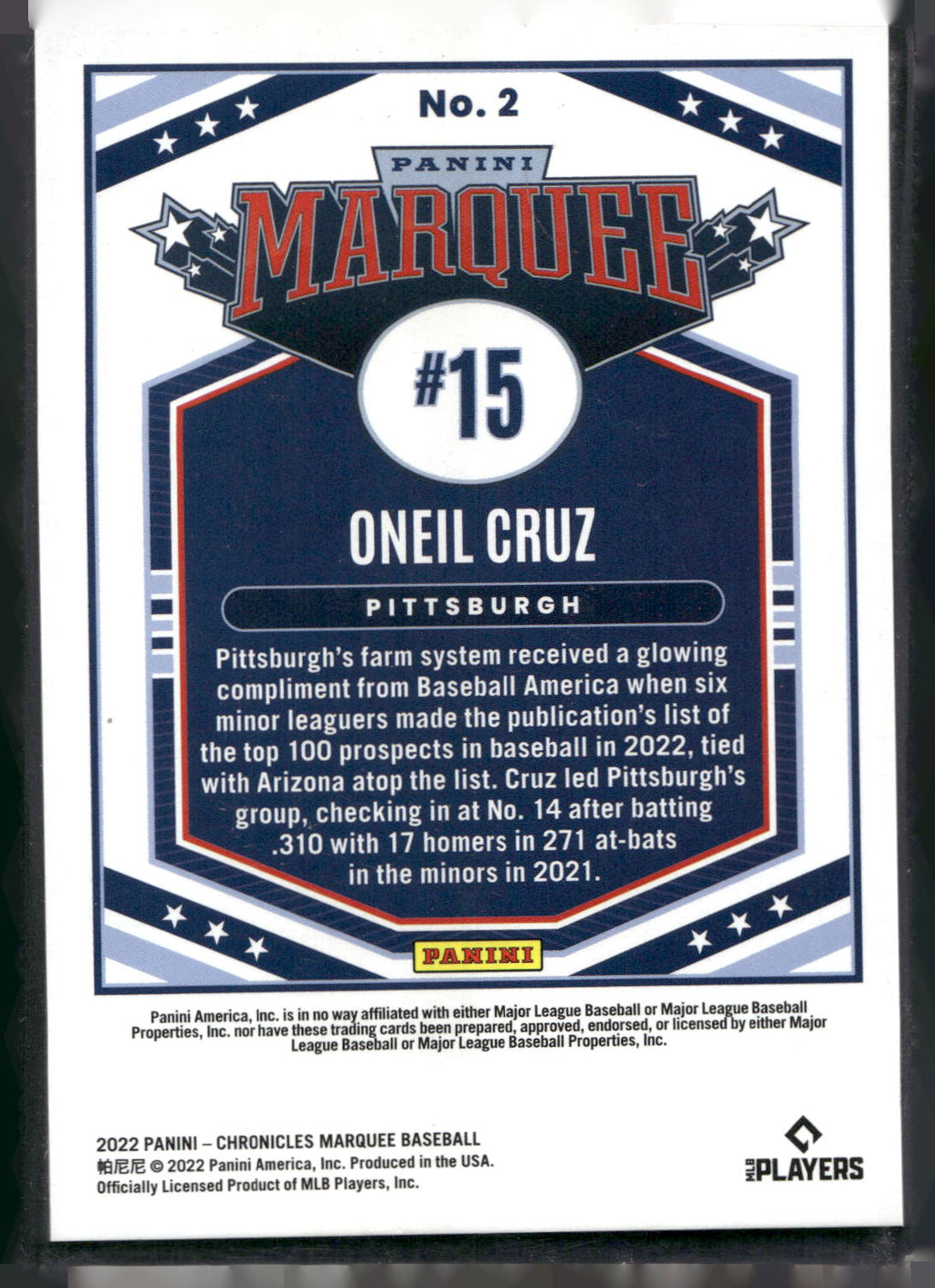 2022 Panini Chronicles #2 Oneil Cruz Marquee