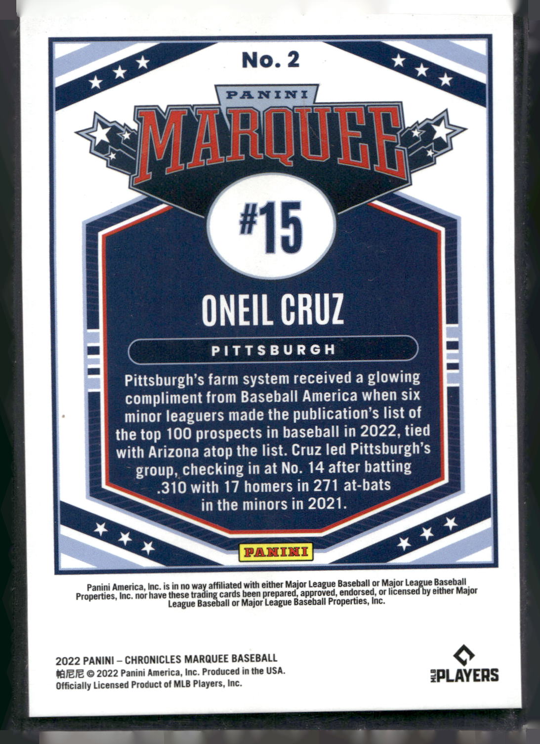 2022 Panini Chronicles #2 Oneil Cruz Marquee