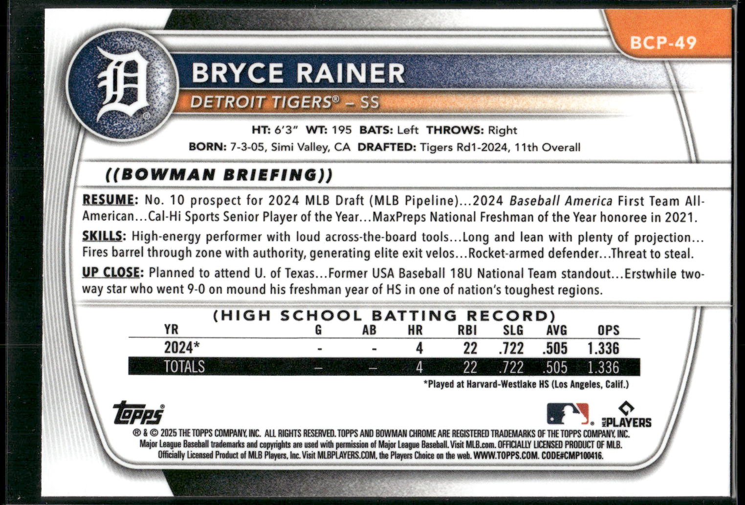 2025 Bowman #BCP-49 Bryce Rainer Chrome Prospects
