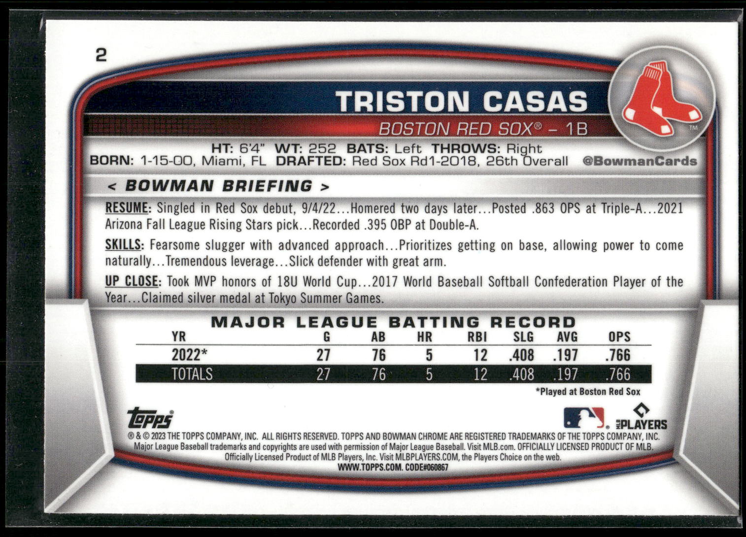 2023 Bowman #2 Triston Casas Mojo Refractors