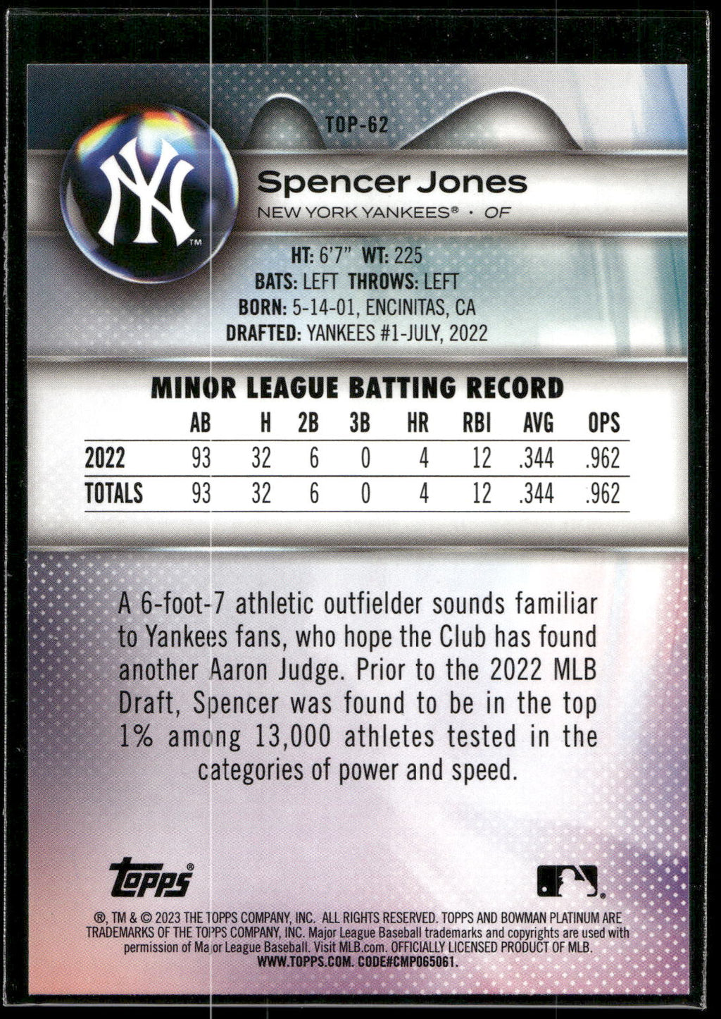 2023 Bowman Platinum #TOP-62 Spencer Jones Top Prospects Ice Foil