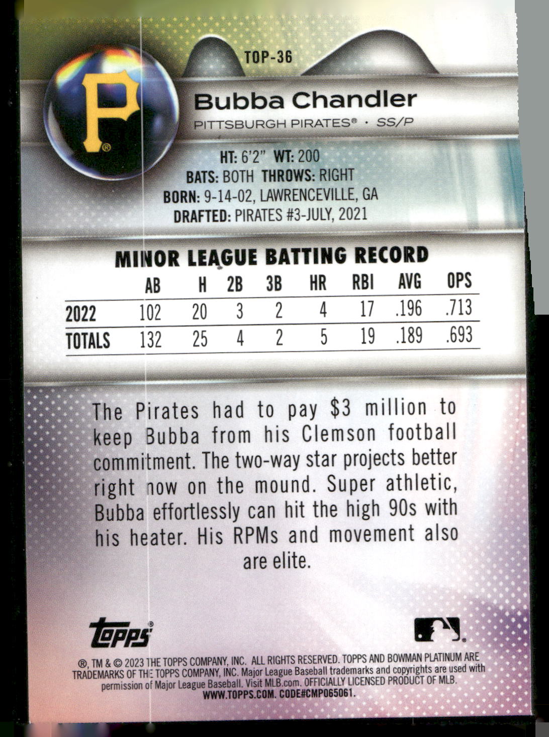 2023 Bowman Platinum #TOP-36 Bubba Chandler Top Prospects Ice Foil