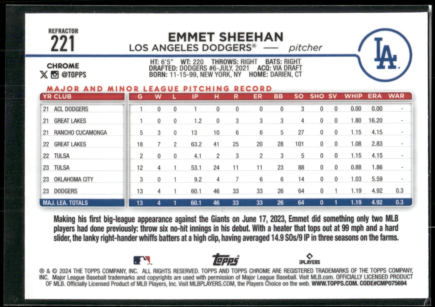 2024 Topps Chrome #221 Emmet Sheehan Refractors