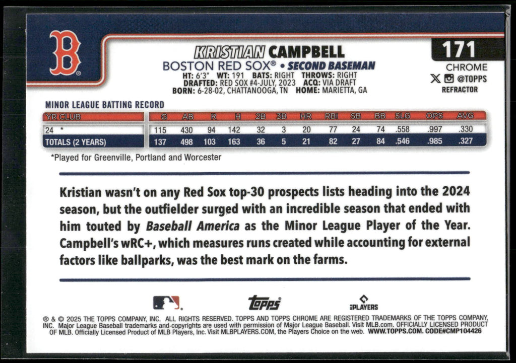2025 Topps Chrome #171 Kristian Campbell Refractors