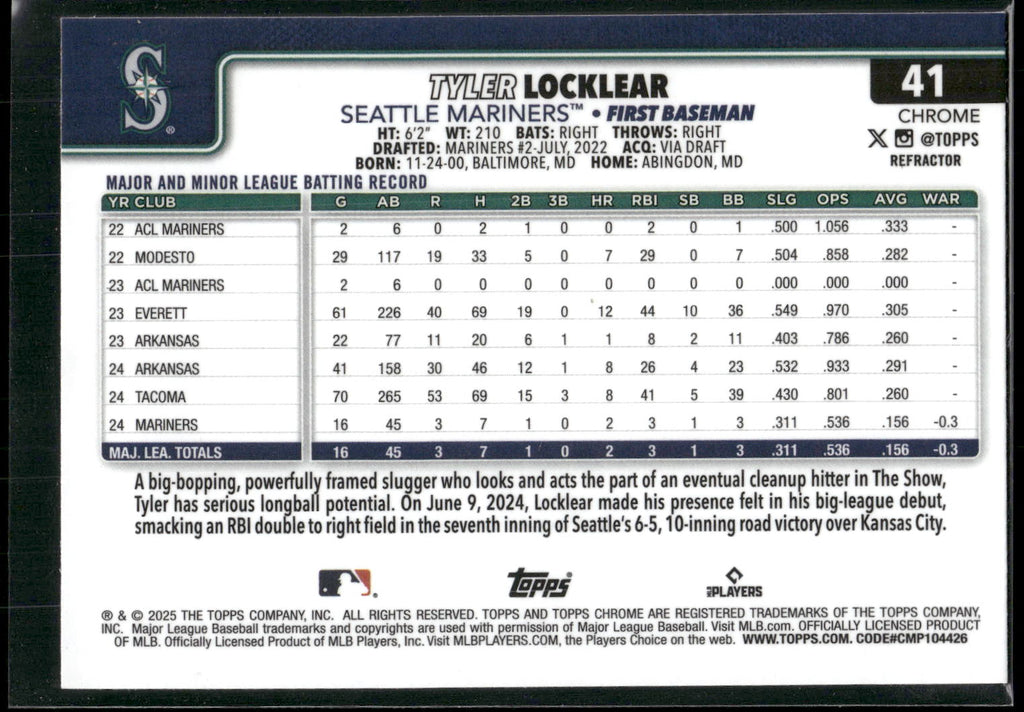 2025 Topps Chrome #41 Tyler Locklear Refractors