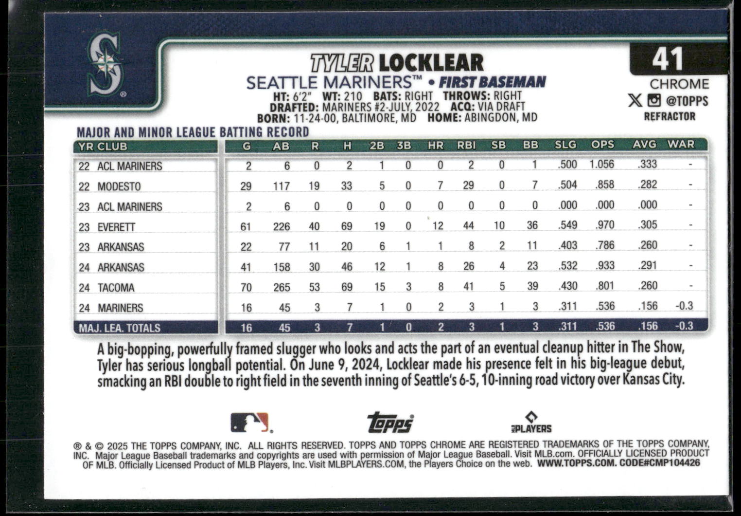 2025 Topps Chrome #41 Tyler Locklear Refractors