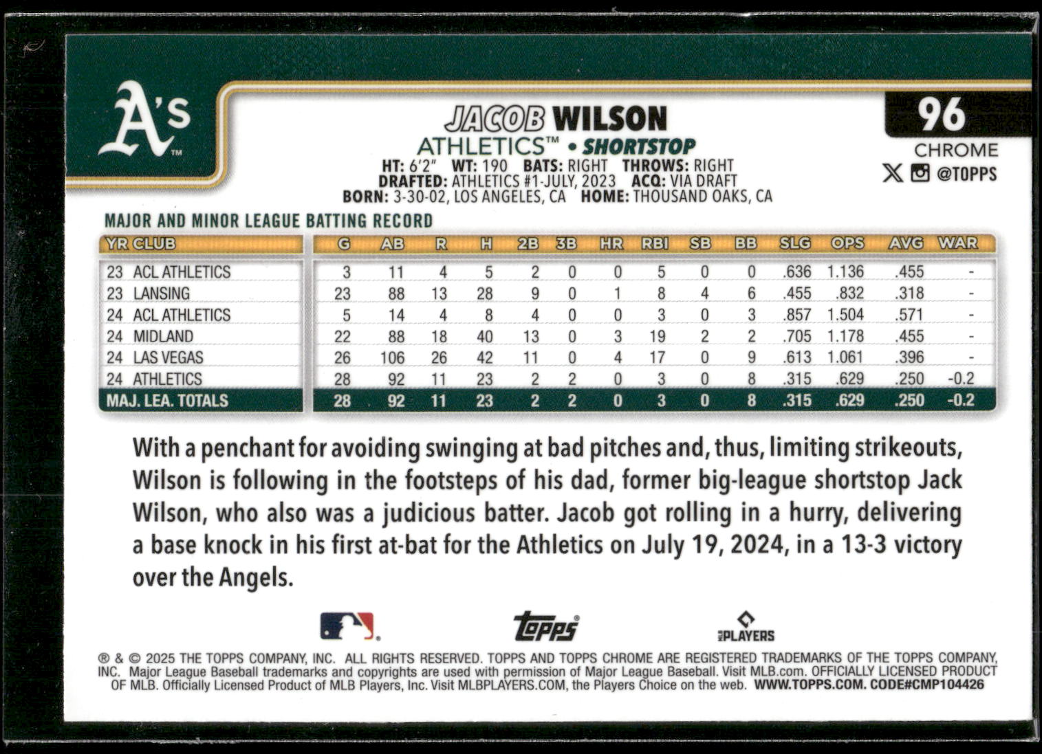 2025 Topps Chrome #96 Jacob Wilson X-Fractors