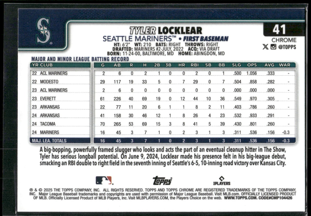 2025 Topps Chrome #41 Tyler Locklear X-Fractors