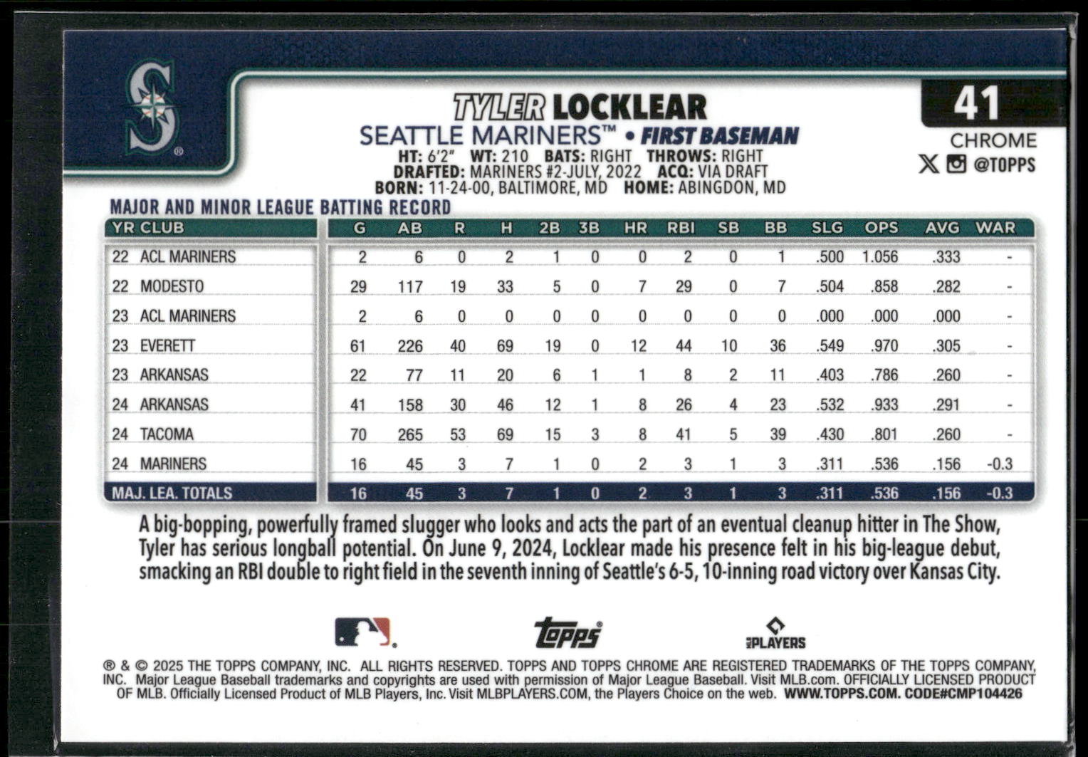 2025 Topps Chrome #41 Tyler Locklear X-Fractors