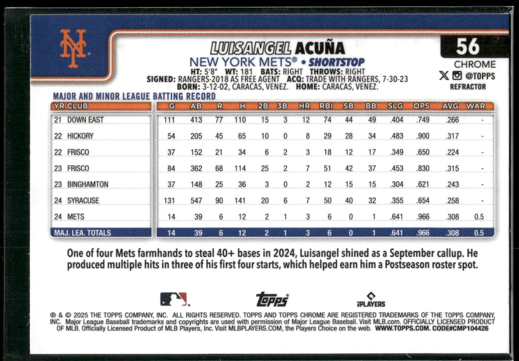 2025 Topps Chrome #56 Luisangel Acuña Refractors