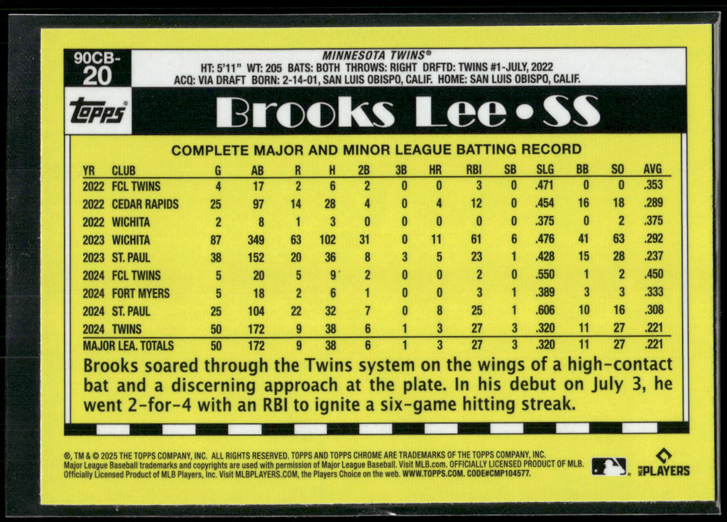 2025 Topps Chrome #90CB-20 Brooks Lee 1990 Topps Baseball 35th Anniversary