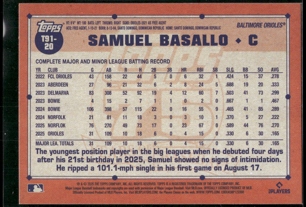 2026 Topps #T91-20 Samuel Basallo 1991 Topps Baseball 35th Anniversary
