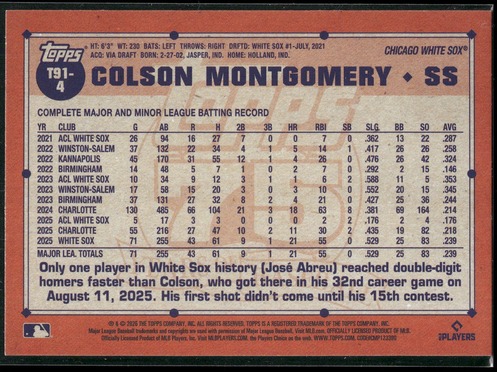 2026 Topps #T91-4 Colson Montgomery 1991 Topps Baseball 35th Anniversary