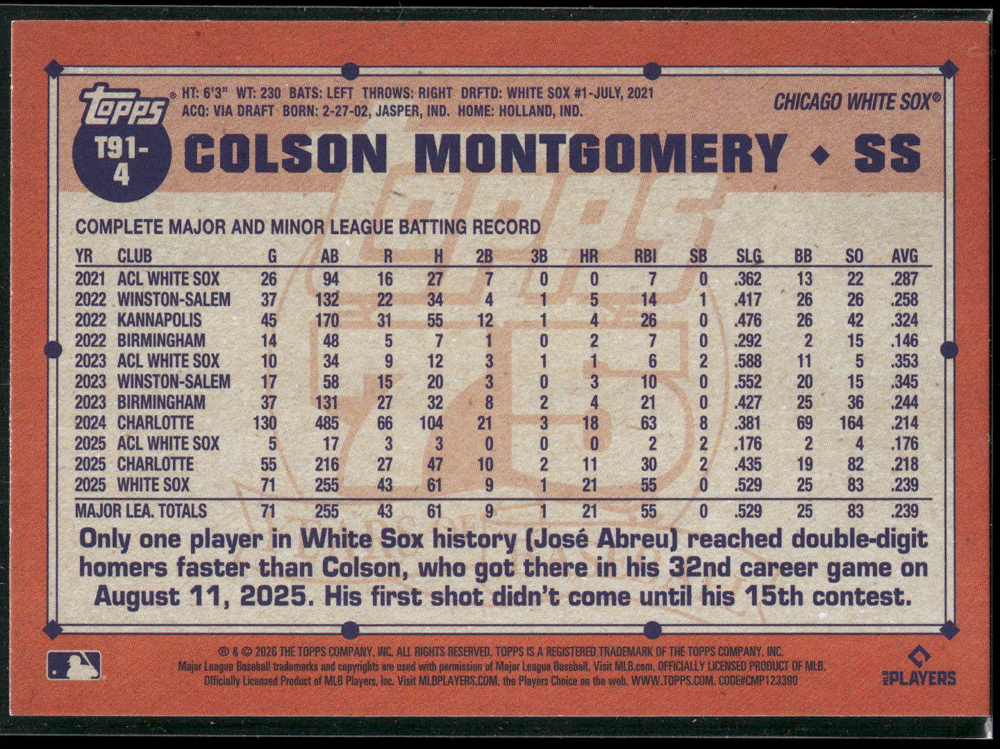 2026 Topps #T91-4 Colson Montgomery 1991 Topps Baseball 35th Anniversary