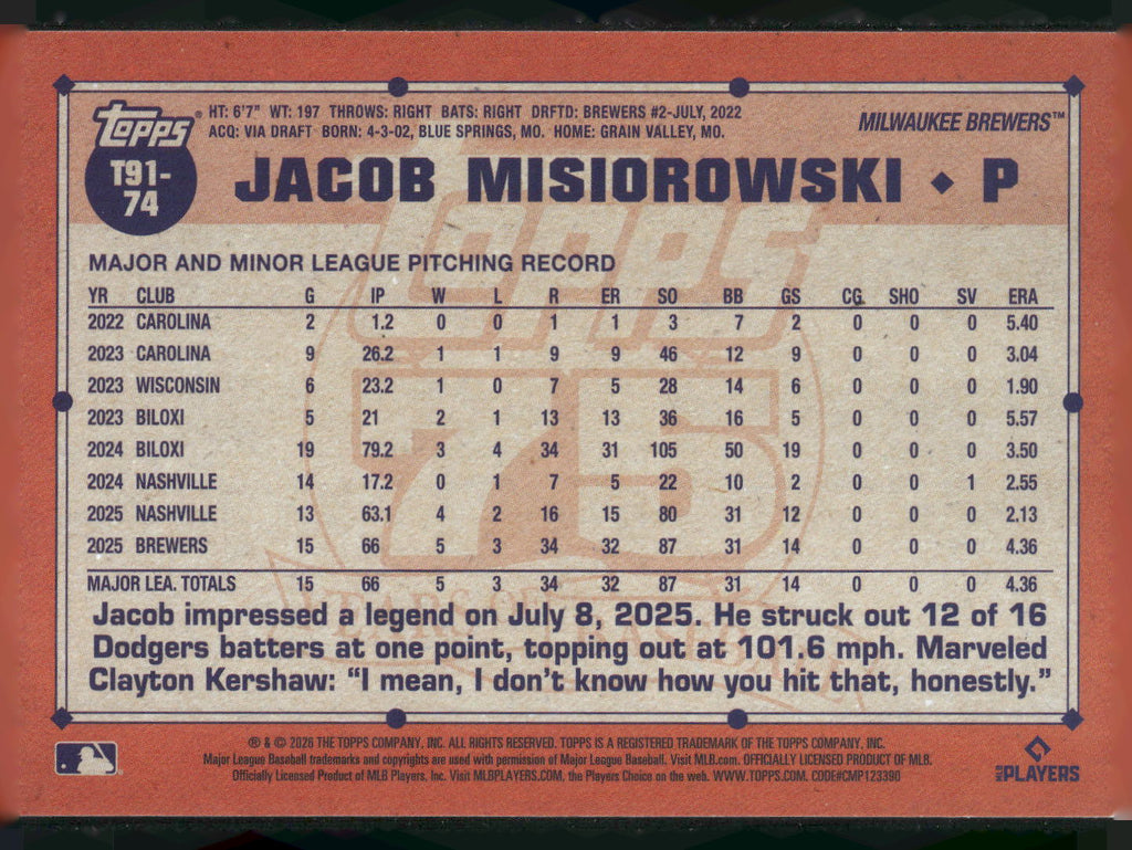 2026 Topps #T91-74 Jacob Misiorowski 1991 Topps Baseball 35th Anniversary