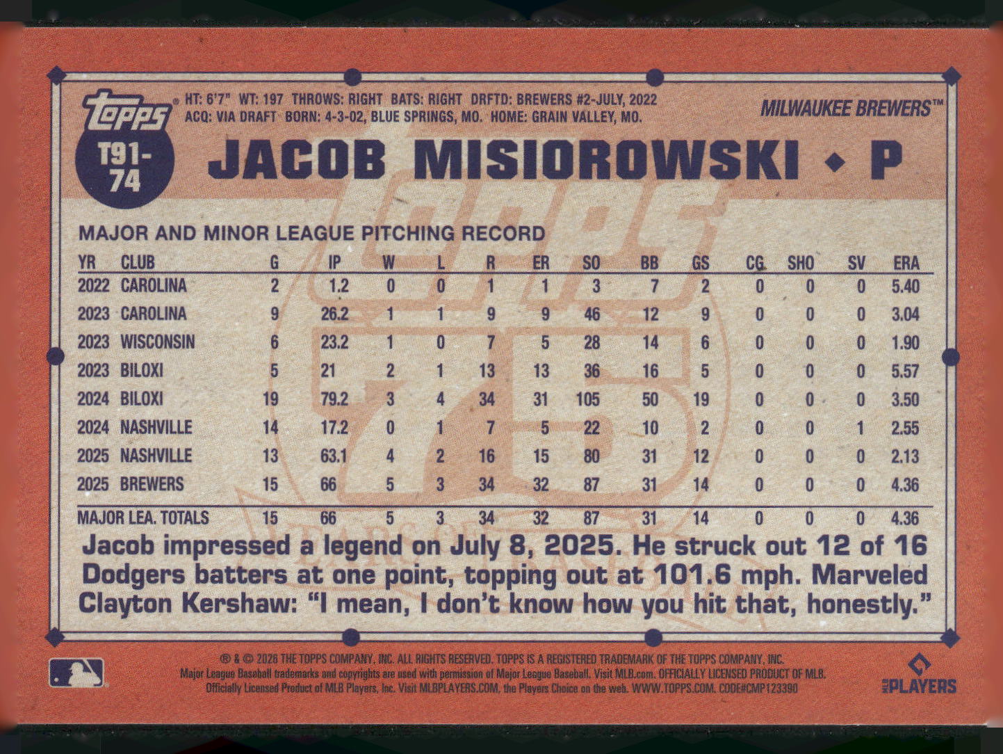 2026 Topps #T91-74 Jacob Misiorowski 1991 Topps Baseball 35th Anniversary