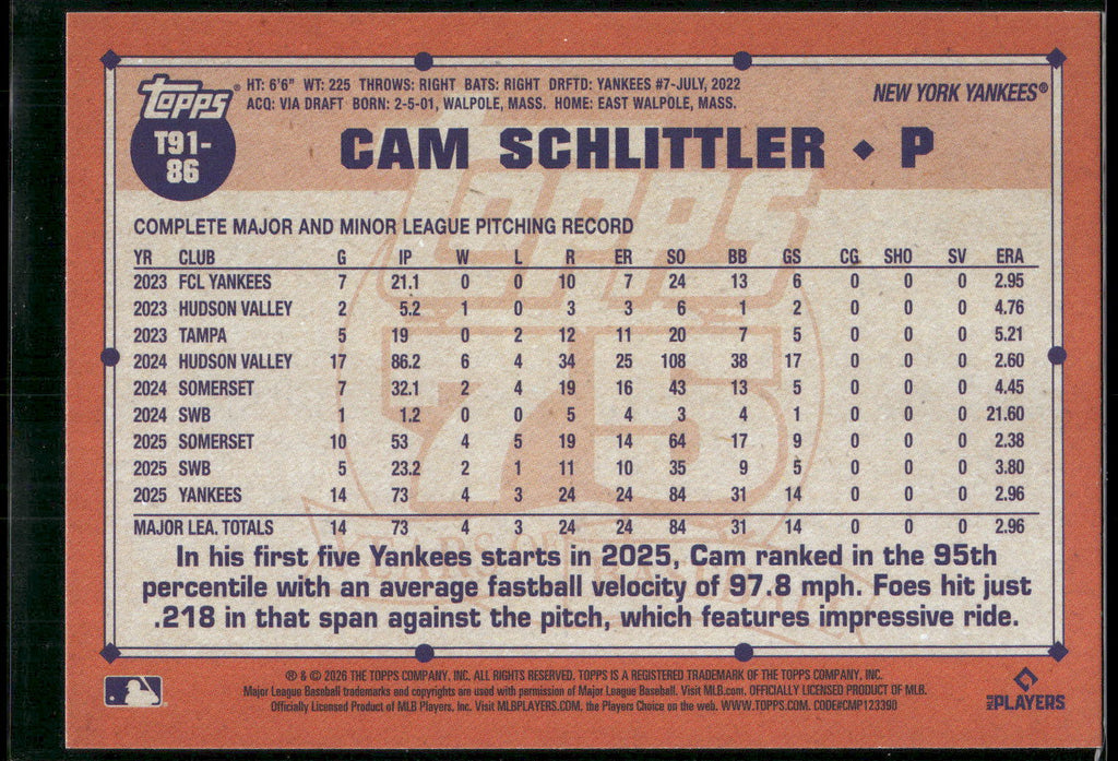 2026 Topps #T91-86 Cam Schlittler 1991 Topps Baseball 35th Anniversary