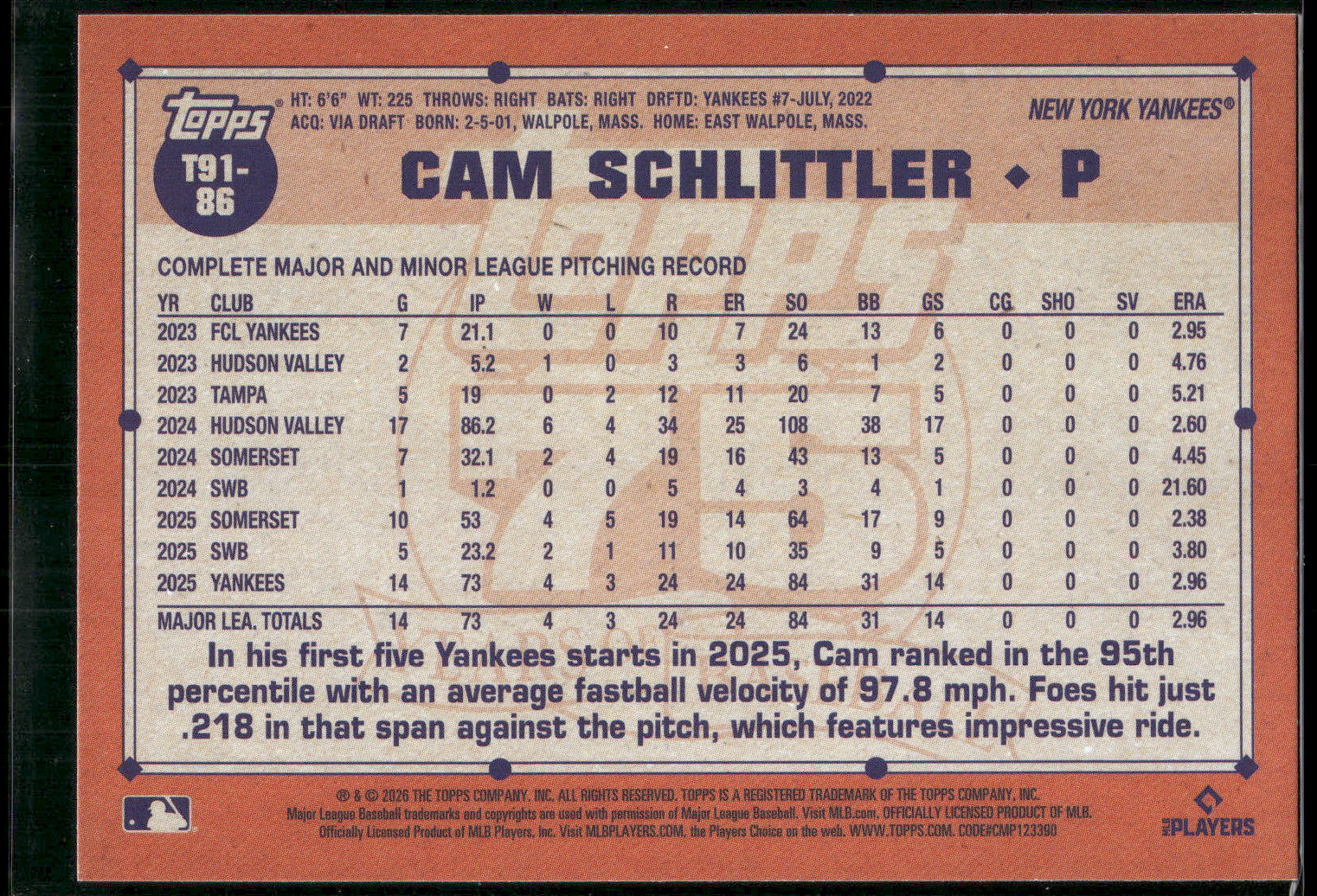 2026 Topps #T91-86 Cam Schlittler 1991 Topps Baseball 35th Anniversary