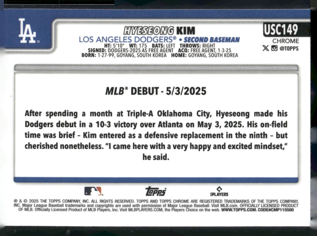 2025 Topps Chrome Update #USC149 Hyeseong Kim X-Fractors