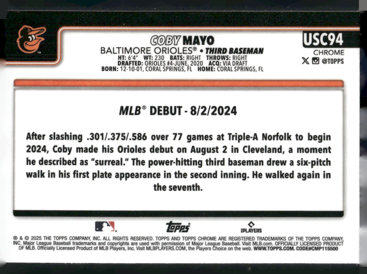 2025 Topps Chrome Update #USC94 Coby Mayo X-Fractors